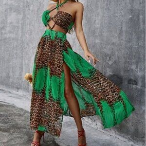 LEOPARD PRINT HALTER BACKLESS PREMIUM QUALITY MAXI DRESS